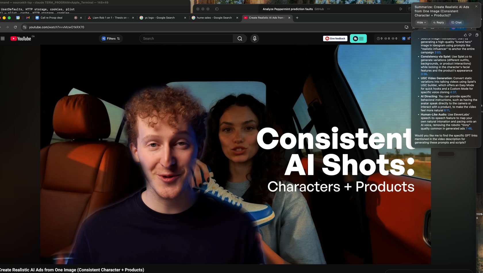 YouTube video with Peppermint summarizing prompts and timestamps