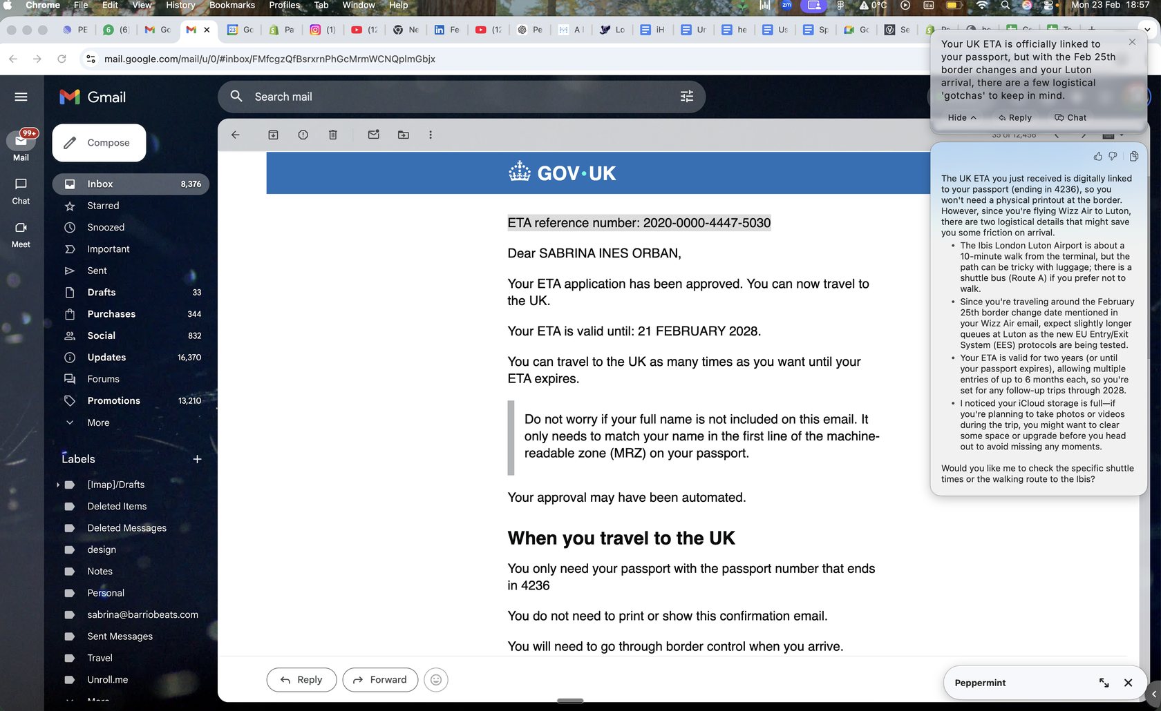 Gmail ETA confirmation email with proactive travel reminders
