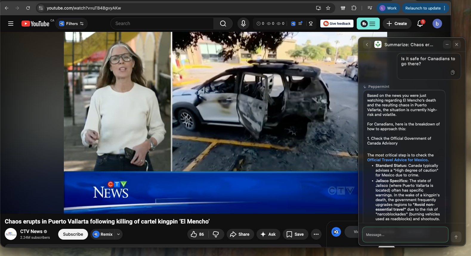 Breaking-news video with Peppermint travel risk summary