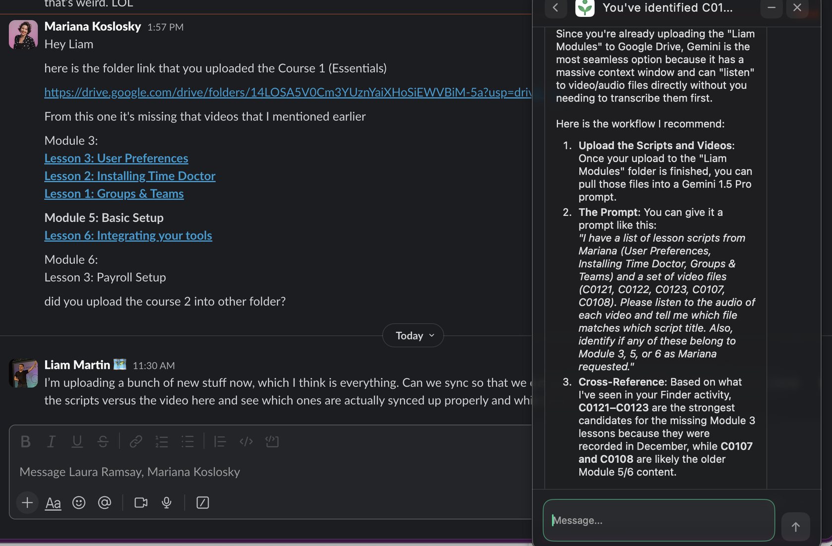Slack conversation with Peppermint workflow recommendations