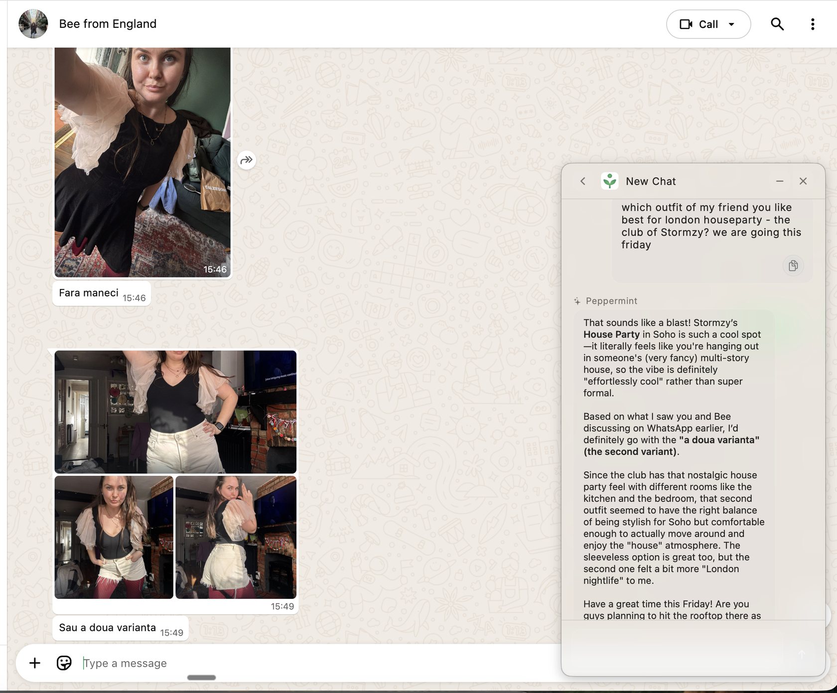 WhatsApp chat with outfit photos and Peppermint recommendation