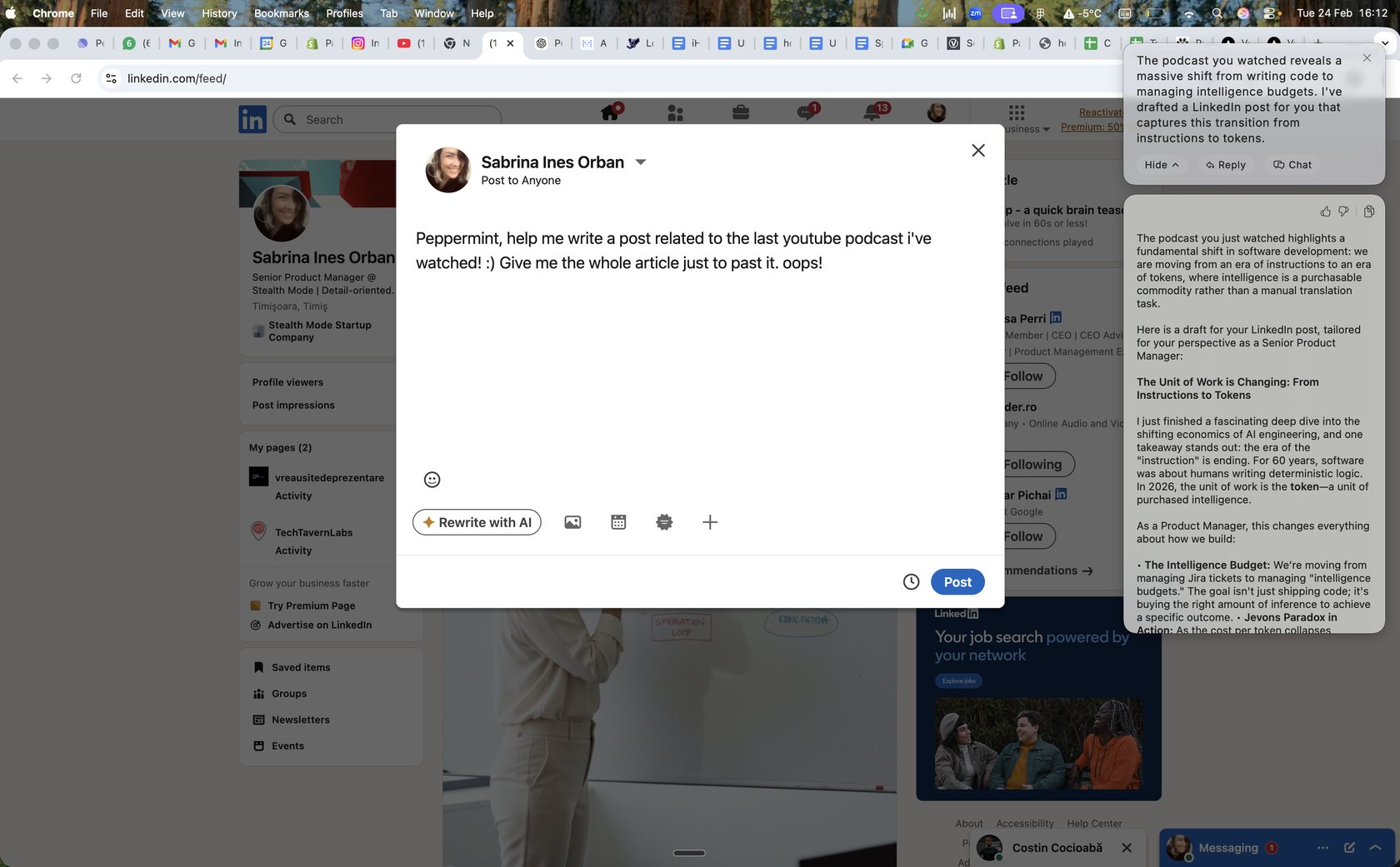 LinkedIn post composer with Peppermint-generated draft