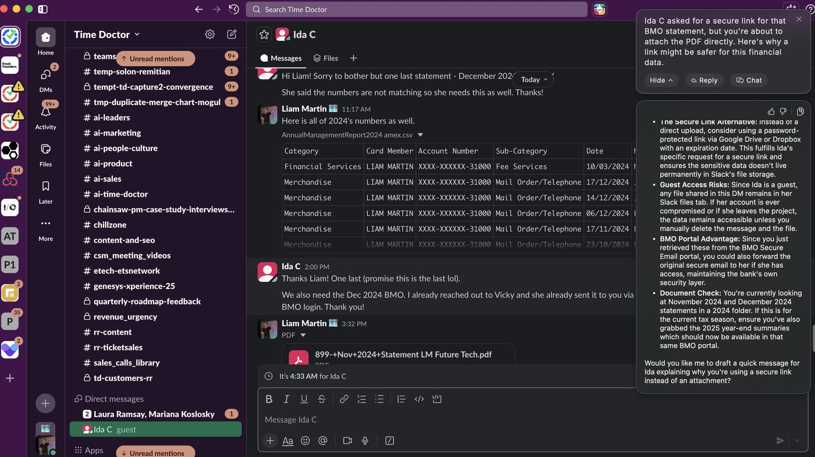 Slack DM about financial files with secure-sharing guidance