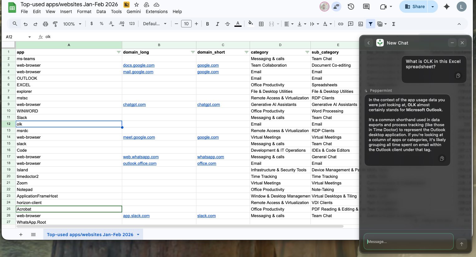 Spreadsheet with abbreviation question answered by Peppermint