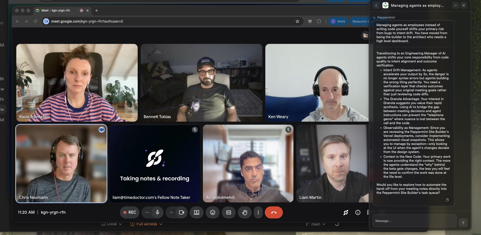 Google Meet session with Peppermint recommendations for managing AI-agent execution risks