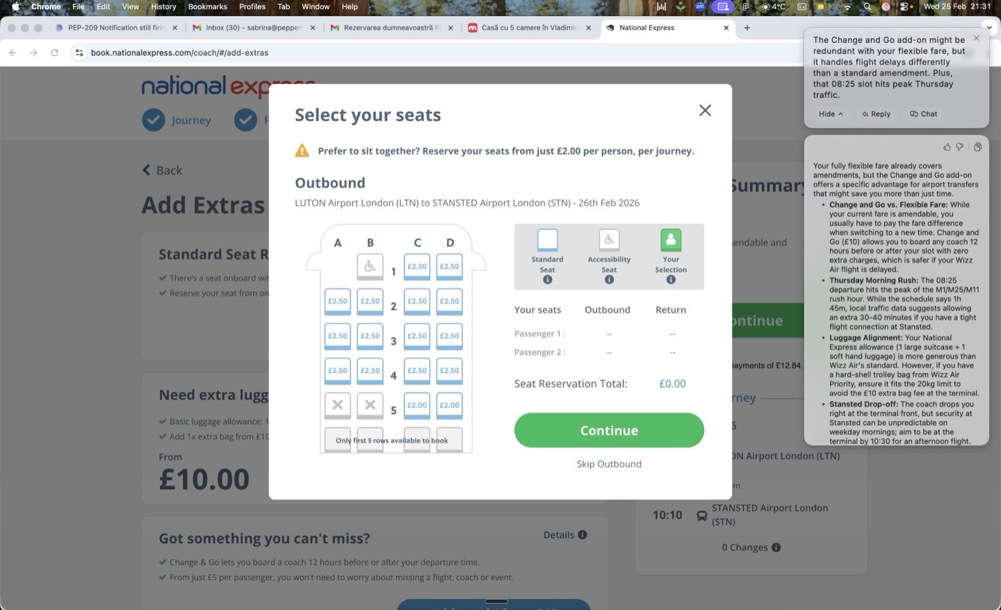 National Express seat-selection checkout with Peppermint recommending the best fare option