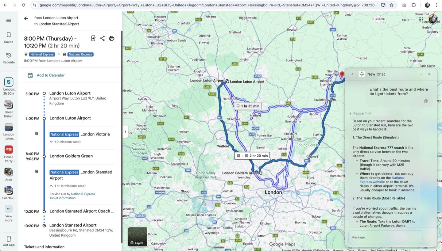 Google Maps route planning from Luton to Stansted with Peppermint travel guidance