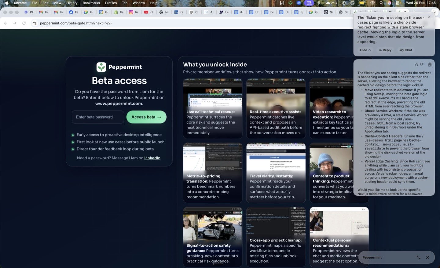 Peppermint beta page review with live guidance on client-side flicker and caching behavior