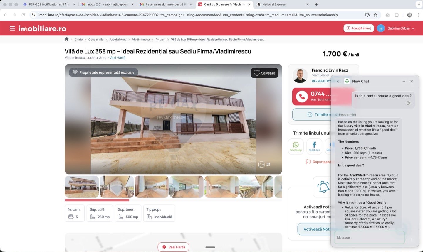 Real-estate listing with Peppermint evaluating whether the monthly rent is a good deal