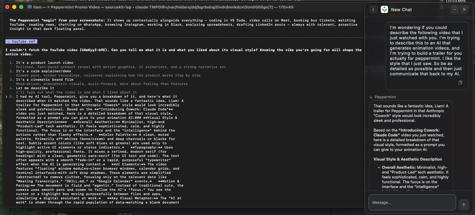 Terminal-based trailer workflow with Peppermint generating a production-ready prompt framework