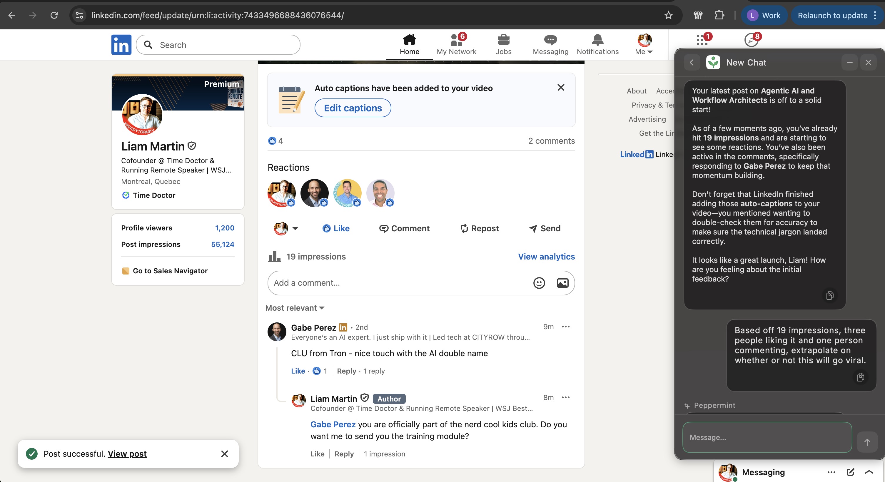 LinkedIn post analytics view with Peppermint forecasting momentum and next actions