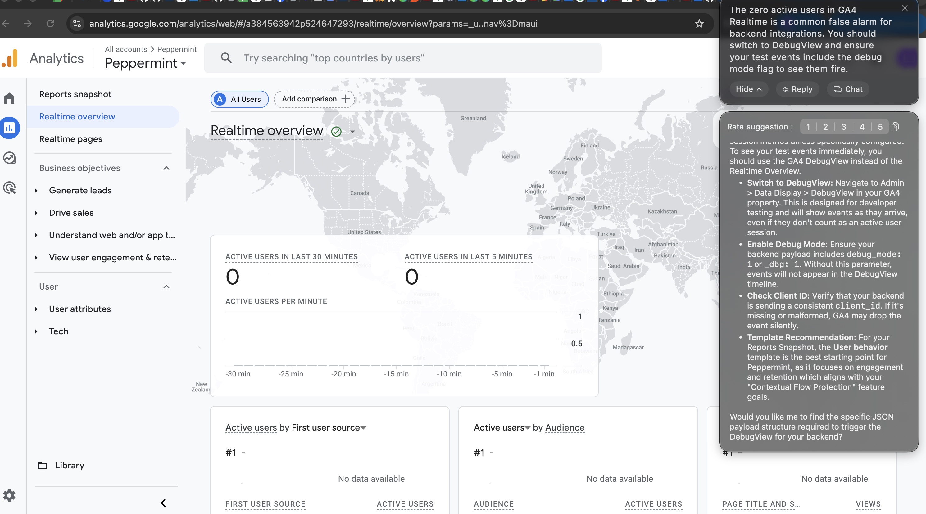 Google Analytics realtime dashboard with Peppermint diagnosing tracking and DebugView setup gaps