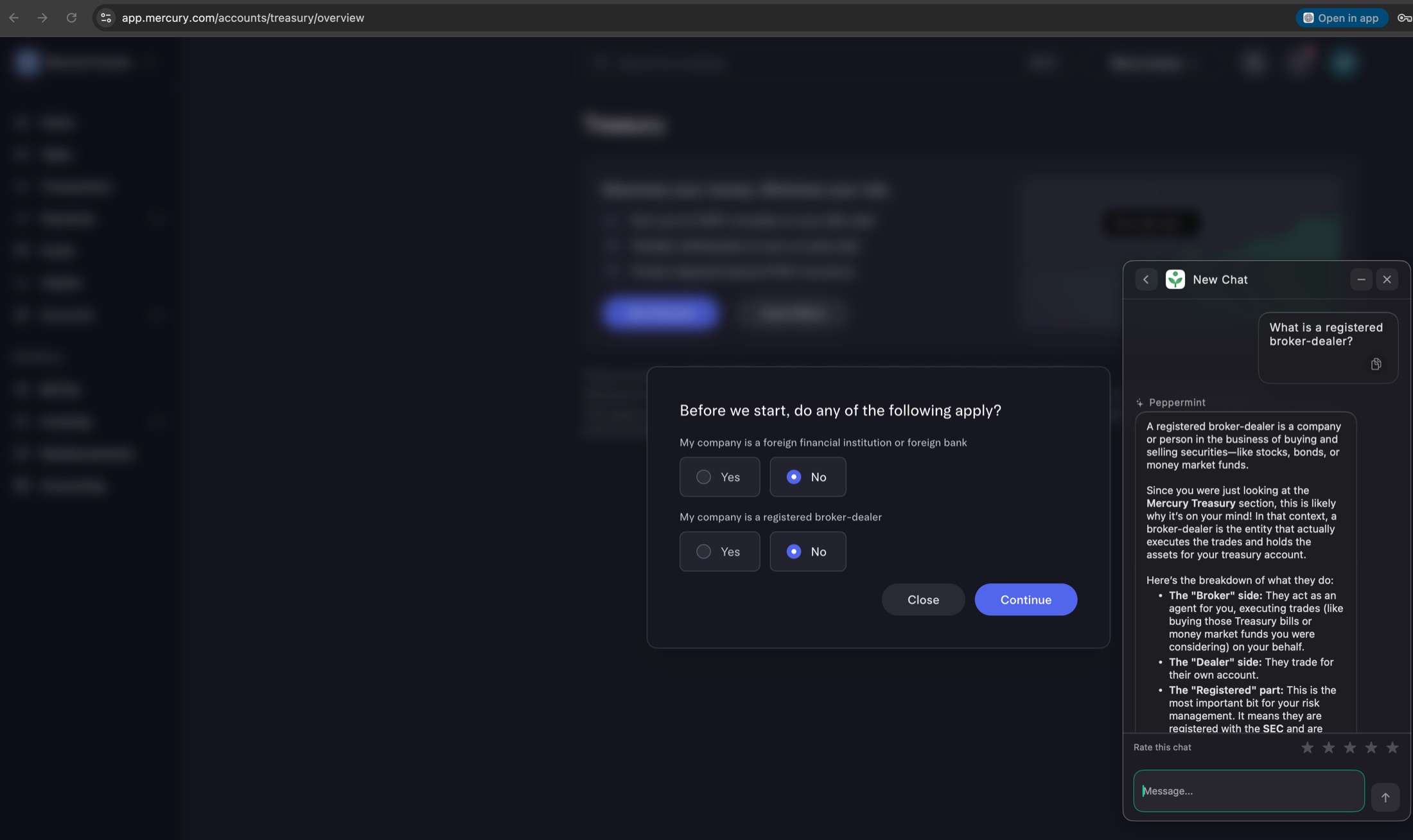 Mercury Treasury onboarding flow with Peppermint explaining what a registered broker-dealer means