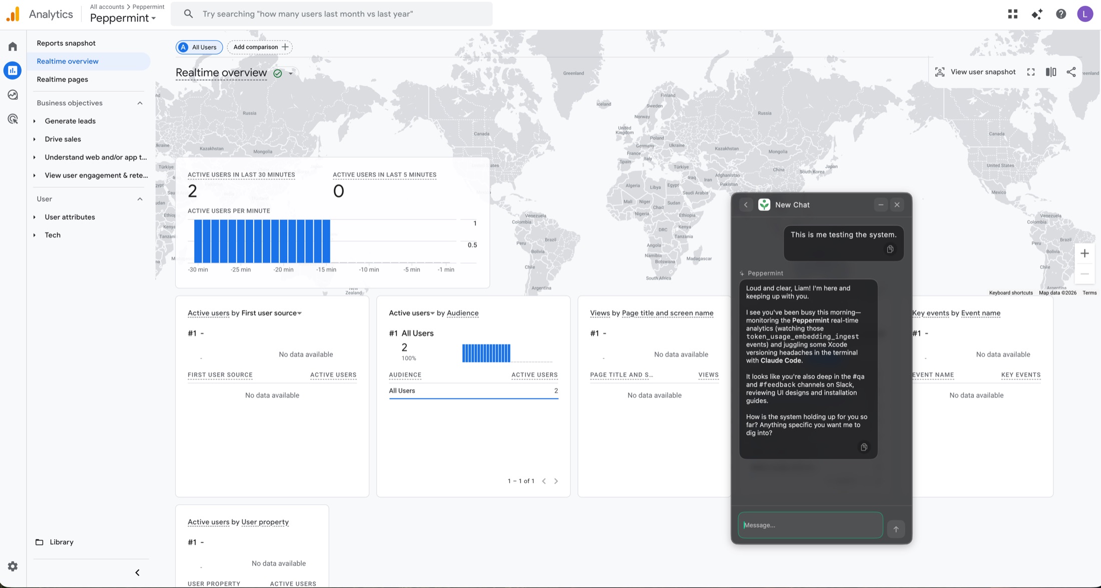 Google Analytics realtime dashboard with Peppermint pulling in recent workflow context while testing events