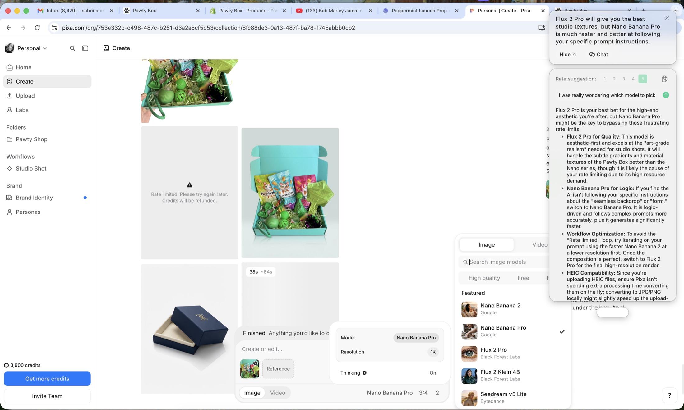Pixa image-generation workflow with Peppermint comparing Flux 2 Pro and Nano Banana Pro